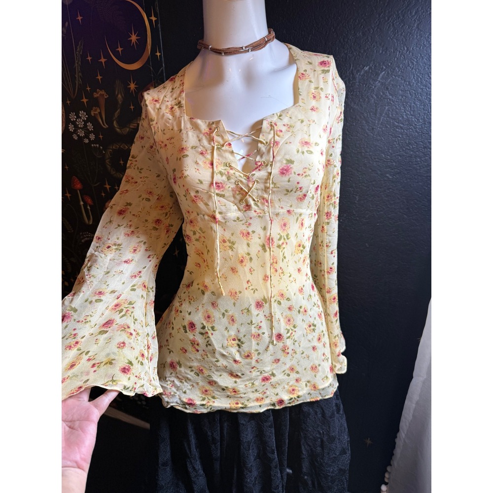 Silkland 100% Silk Floral Lace Up Bell Sleeve Blouse Cream Pink Yellow Large